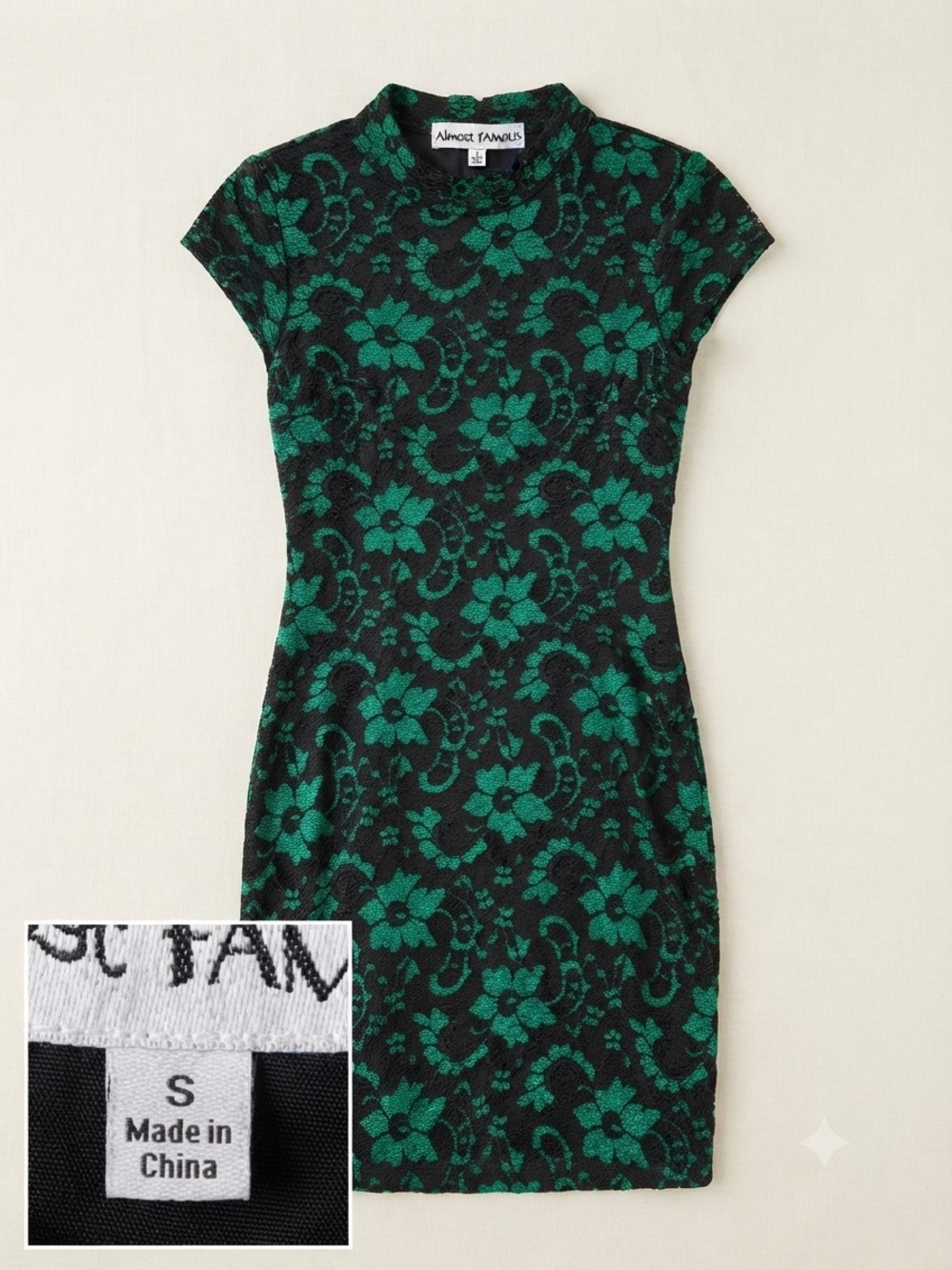 Almost Famous Black and Green Floral Lace-Effect Dress petite